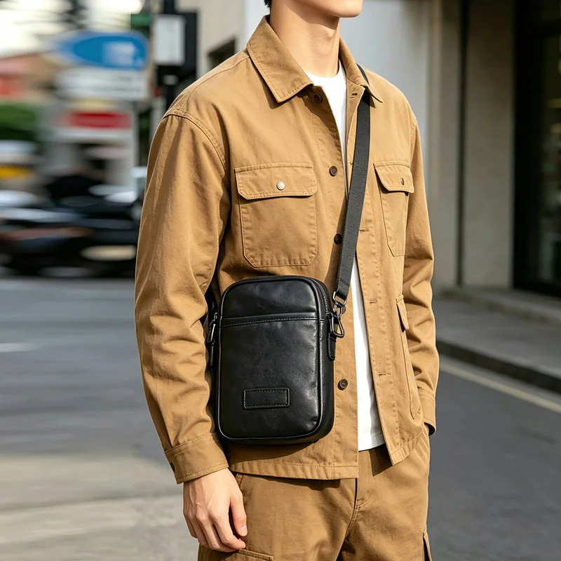 Vintage Top Layer Cowhide Mini Crossbody Pack For Men Genuine Leather Phone Pouch Casual Adjustable Shoulder Bag For Daily Carry