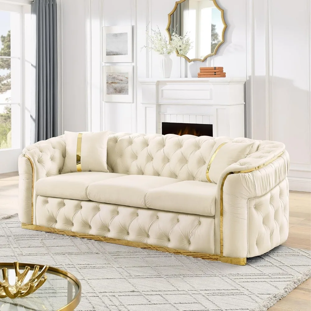 

90.60" Velvet Luxury Tufted Sofa, 3 Seater Button Tufted Couch with Gold Stainless Leg and Curved Arm for Living Room, Apatment