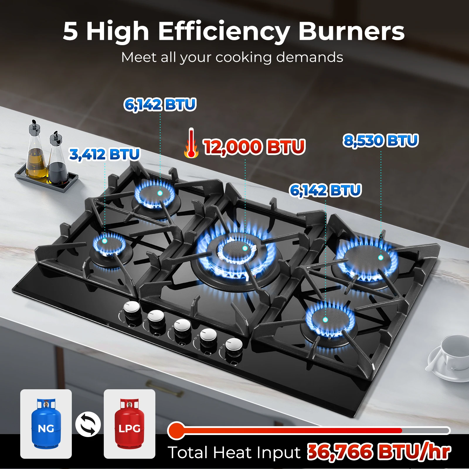 30 Inch 5 Burners Stove Top Built-in NG/LPG Convertible with Thermocouple Protection Gas Cooktop