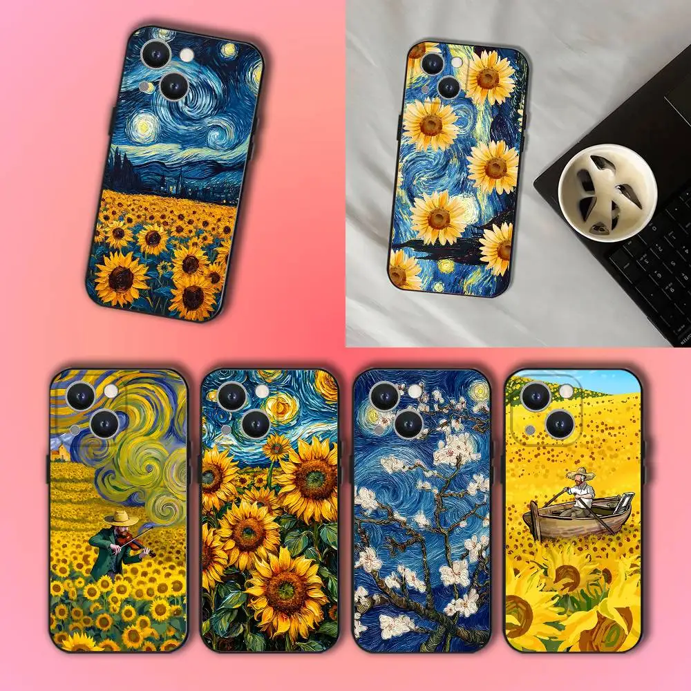 

Van Gogh Starry Sunflowers Black Soft Cover Phone Case For iPhone 17,16,15,14,13,12,11,Pro,Max,Plus