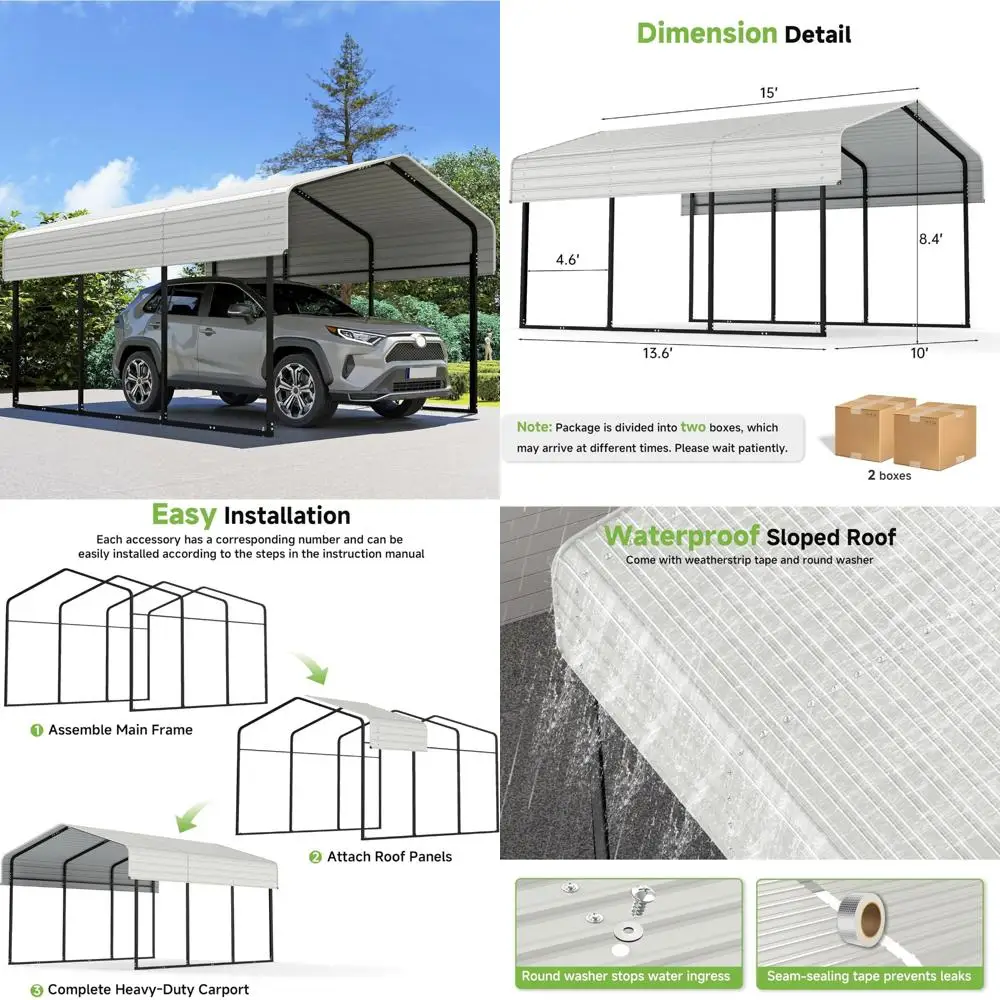 

Heavy-Duty 10x15FT Multi-Use Outdoor Carport for Cars, Boats, Trucks - Galvanized Metal Roof Storage Shelter
