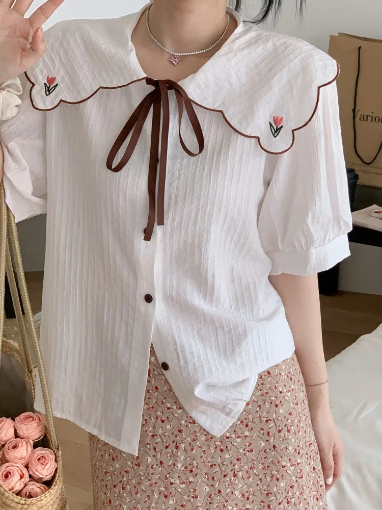 BL6009DG New 2023 Fashion Sweet Embroidery Peter Pan Collar Chic Women Blouses Shirts Spring Summe Vintage Elegant Lady Tops