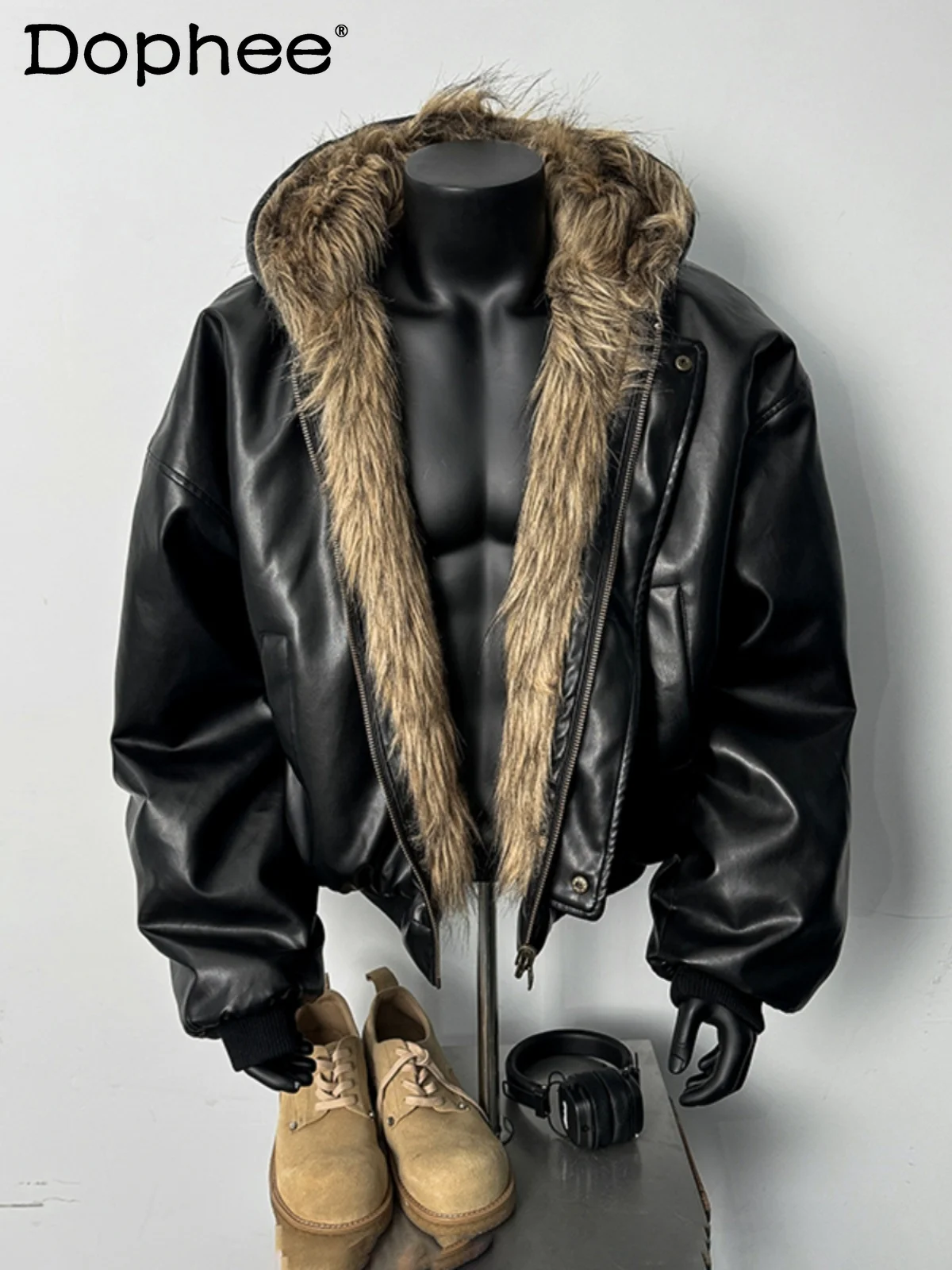 

Double-Sided Leather Jacket Men's Winter Hooded Warm Cotton Coat Stylish Faux Fur American Fashion Trendy Outerwear