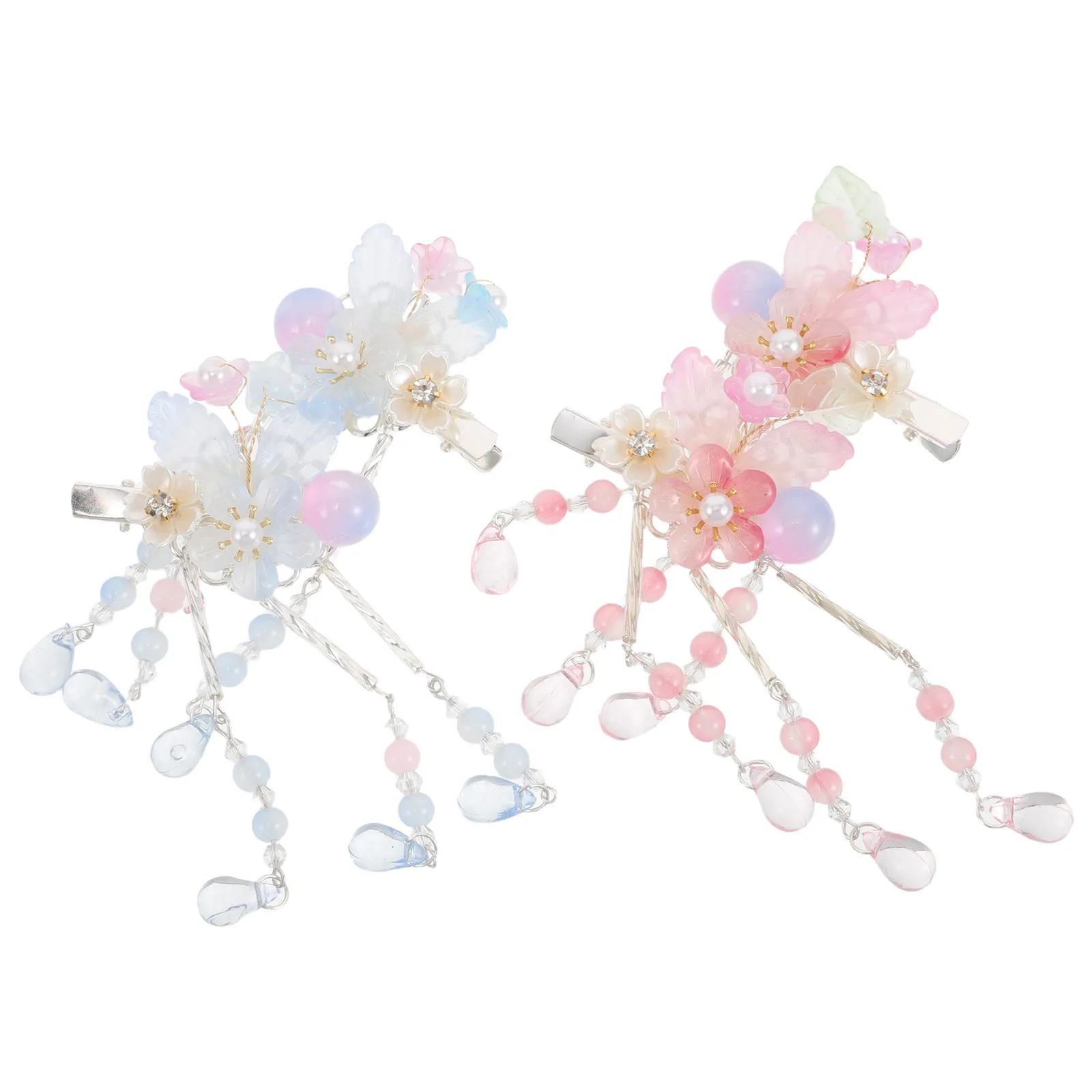

2Pairs Ancient Style Tassel Hair Clips Elegant Chinese Flower Barrettes Hanfu Costume Accessories Princess Hair Clips