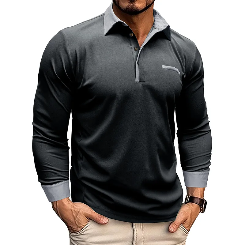 2024 Spring Autumn Men Long Sleeve Polo Shirt Zipper Pocket Lapel Men Casual Sports Long Sleeve Top Men Patchwork Top Tees image 3