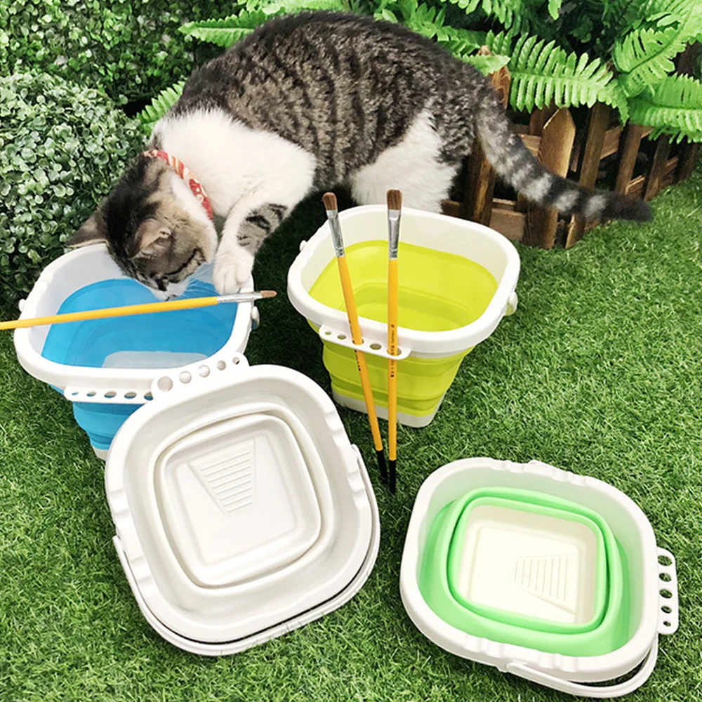 Silicone Foldable Brush Washing Bucket, Extendable Water Bucket for Watercolor Painting, Portable Folding Bucket with Pen Holder, Art Painting Brush Washing Bucket, Mini Folding Basin for Outdoor Camping and Fishing