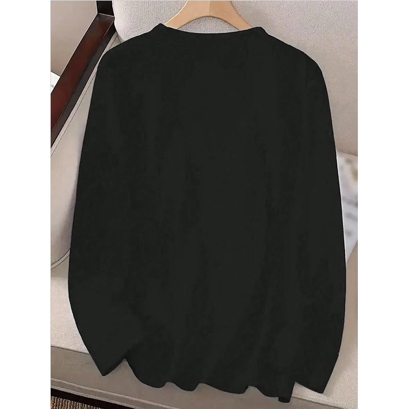 عادية طاقم الرقبة طويلة الأكمام قميص أسود المرأة عناصر الشكر والأبجدية طباعة تي شيرت الشارع الشهير جميع المواسم بلايز