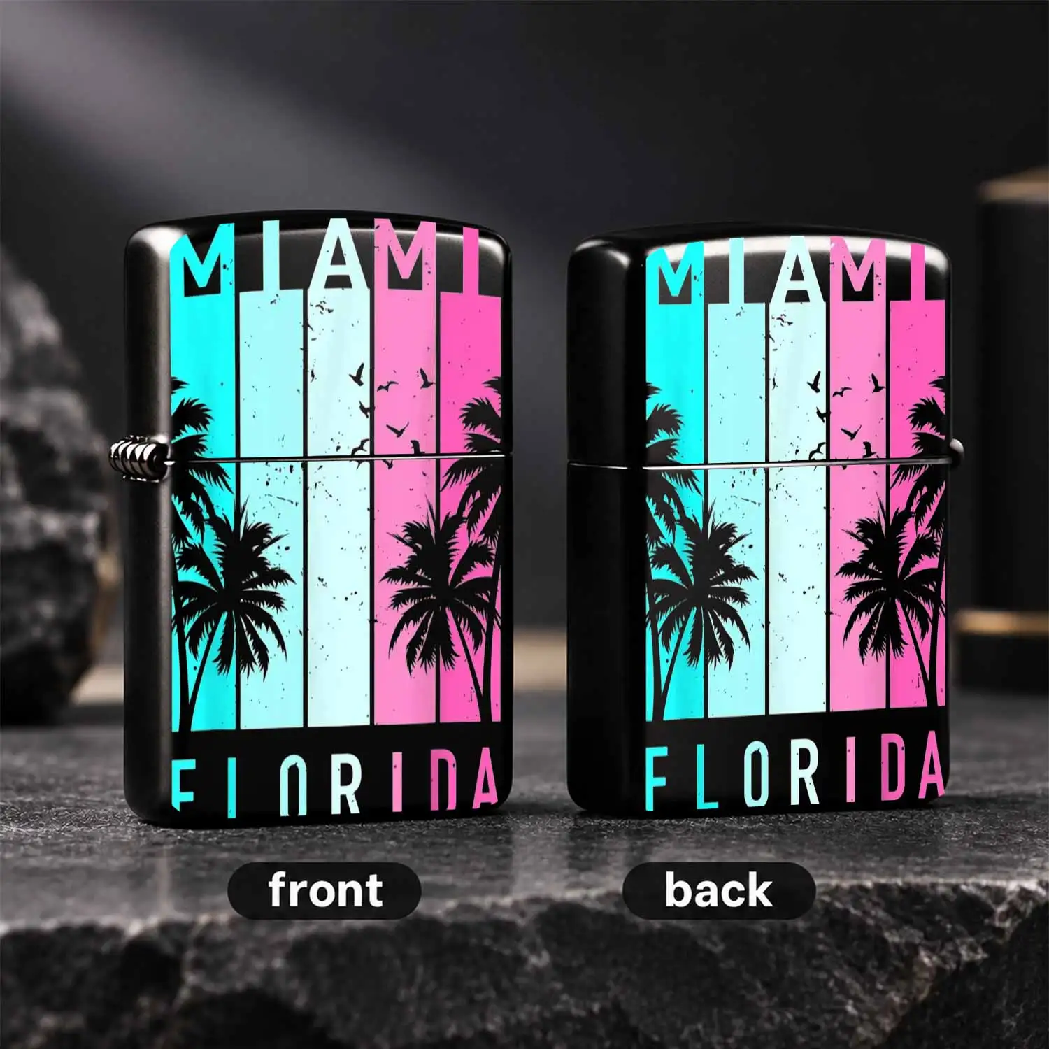Retroflorida Tropical Style Lighter, Gradient Cyan Pink Palm Seagull Print Portable Igniter, All-Scene Daily Use Accessory For Travel Camping Gathering, Unique Stylish Practical Souvenir Gift For Holiday Enthusiasts A Humorous And Interesti