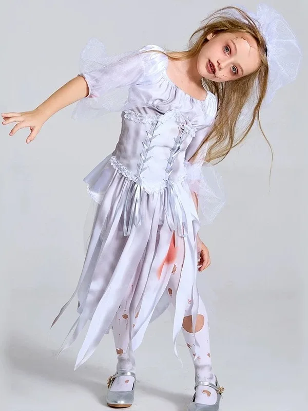 ชุดแต่งงานซอมบี้สำหรับงานฮาโลวีน ผู้ใหญ่และเด็ก คอสเพลย์เจ้าสาวผี ทำจากเส้นใยโพลีเอสเตอร์ 100% แบบดั้งเดิมของจีน...