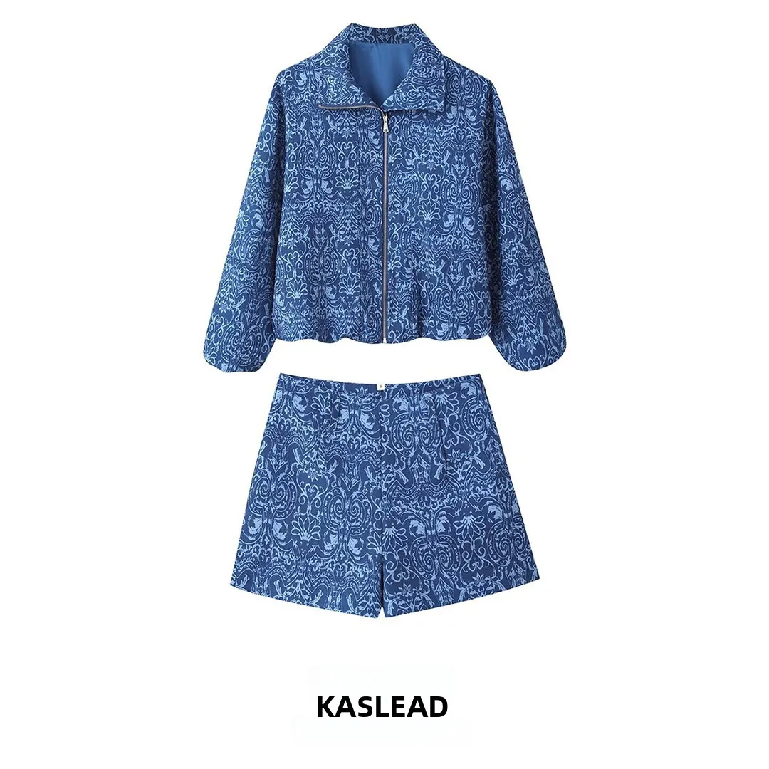 KASLEAD New Women's Fashion Set Autumn 2026 High-End Feel Stand Collar Zipper Walnut Print Jacket Shorts Two-Piece Suit