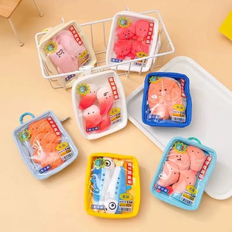 

Fresh Cut Tray Arctic Surf Clam Doll Sardine Salmon Seafood Market Plush Octopus Toy Fish Fillet Pendant Kawaii Gift Kids