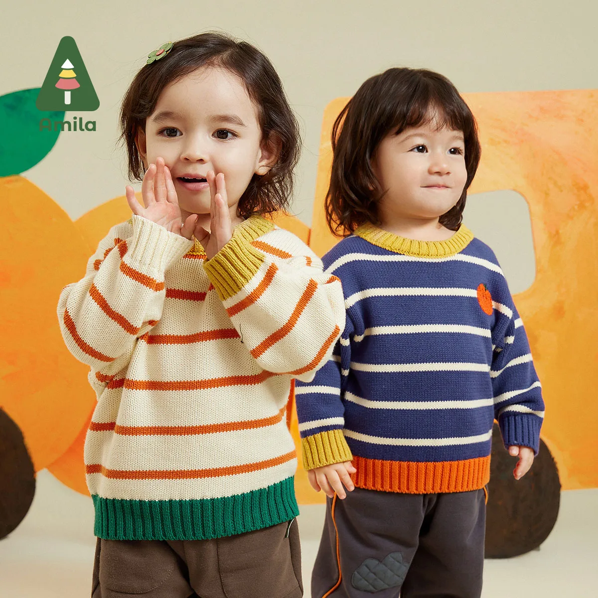 Amila Baby Personal Warmth 2023 Autumn New Stripe Versatile Towel Pattern Soft Color Scheme Sweater For Boys Girl Kids Clothes