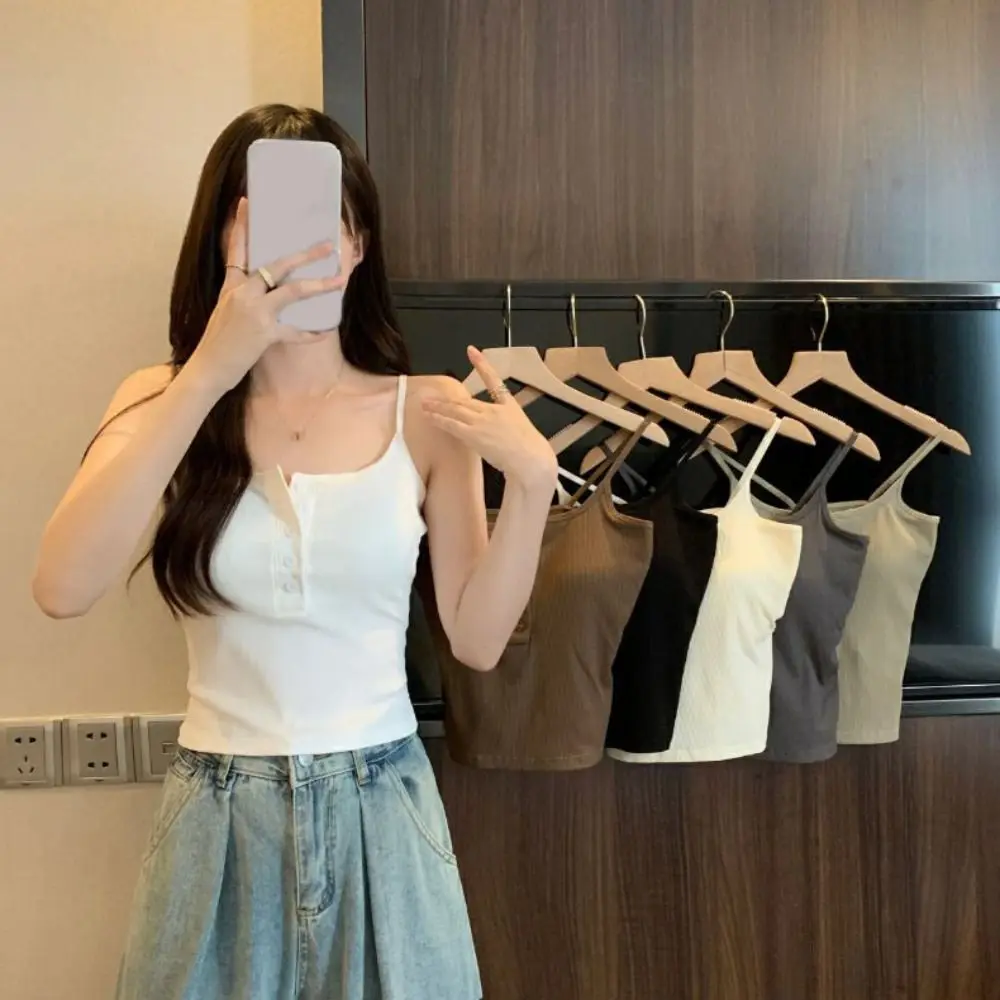 เสื้อกล้ามทรงเข้ารูป ผ้าฝ้าย สีพื้น สายเดี่ยว ครอปท็อป เสื้อซับใน เสื้อชั้นในมีฟองน้ำ สายเดี่ยวสำหรับใส่ไปทะเล