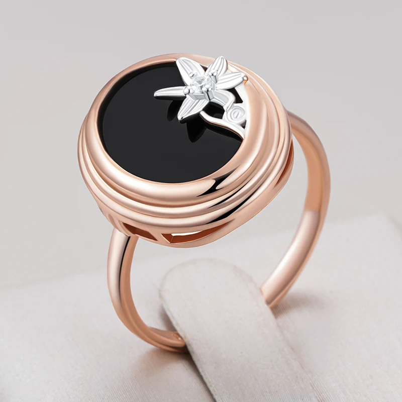 Kinel Hot Black Stone Flower Natürlicher Zirkon Ring für Damen Mode 585er Roségold Silber Farbmischung Ethnischer Braut- und Hochzeitsschmuck