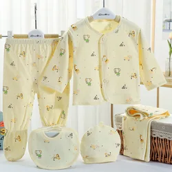 Ensemble de vêtements en coton imprimé dessin animé pour bébés garçons, vêtements pour nouveau-nés filles, manches longues, pantalon et chapeaux, printemps et automne, 5 pièces, BC320