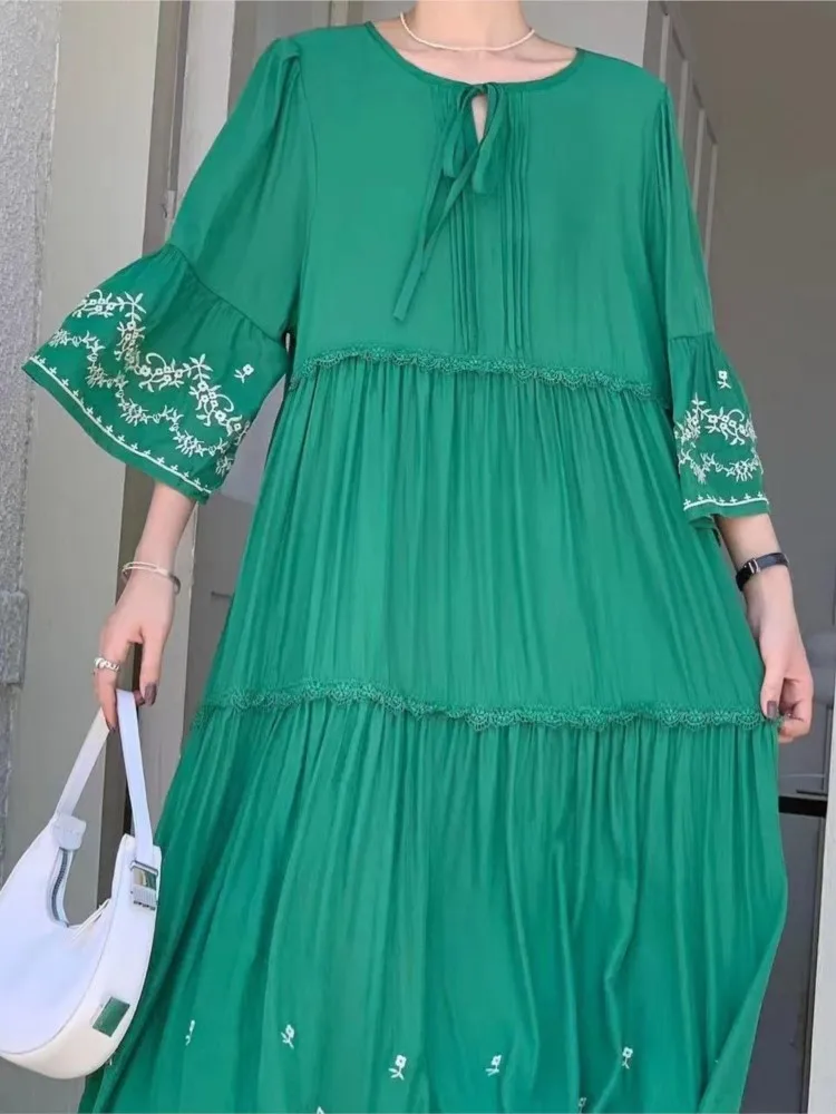 Abito lungo estivo a trapezio da donna ricamato moda volant patchwork pieghettato abiti larghi da donna abito da donna in stile coreano