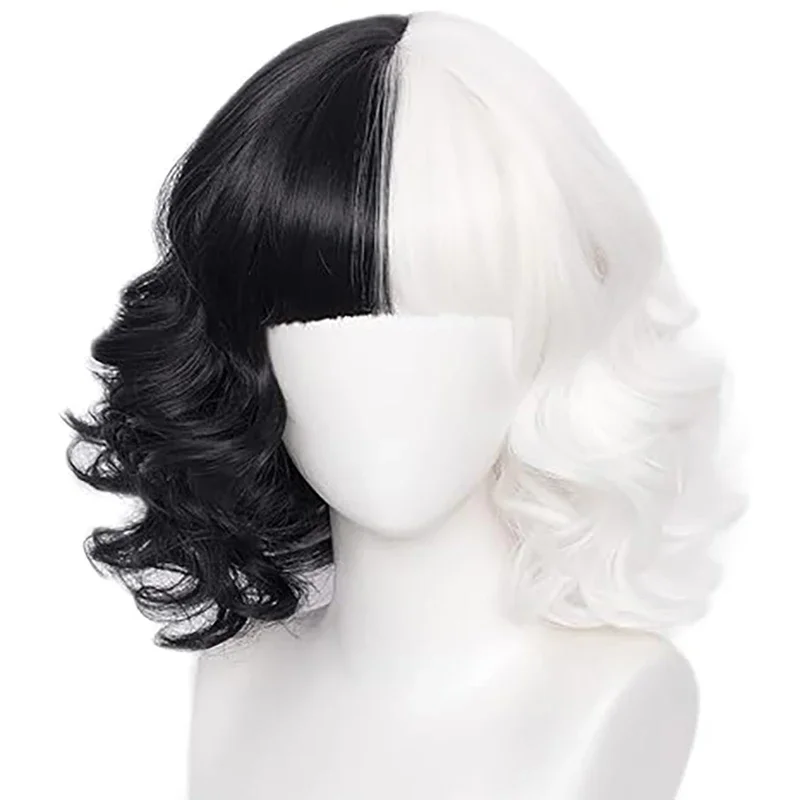 Anime Cruella de Vil Cosplay Wig Props Cruly Half Black And Half White Heat Resistant Hair Wigs Mask Gloves Necklace