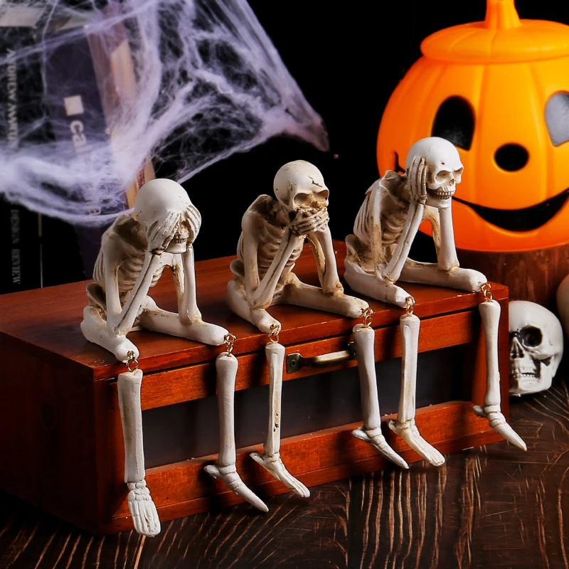 

Halloween Statues Resin See Speak Hear No Evil Skeleton Figurines Resin Realistic Skull Decor for Bookshelf Table Edge Ornament