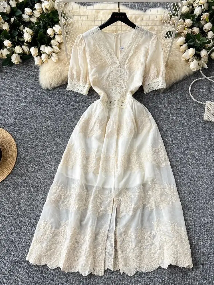 French Vintage Summer Holiday Flower Embroidery Beige Lace Dress Women V Neck Elegant Pearls Midi Vestidos Long Sundress