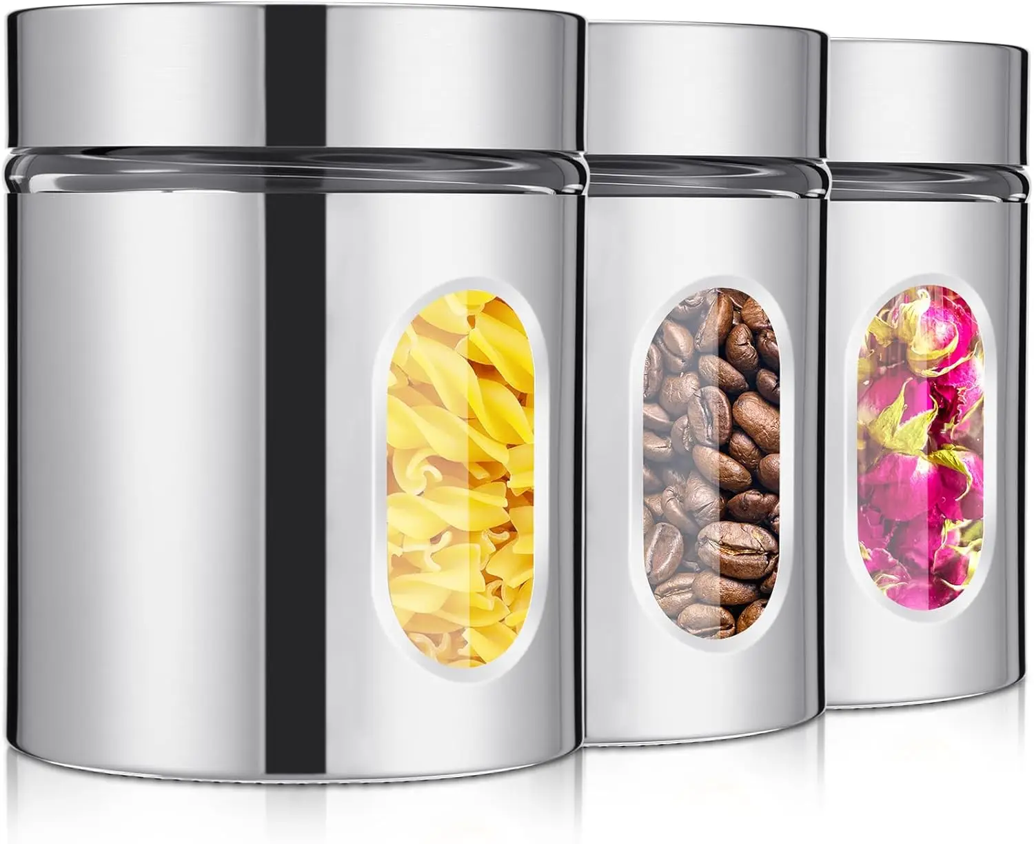 

3-Piece Stainless Steel Canister Set with Glass Windows, Silver Kitchen Storage Jars for Pasta, Flour, Sugar – 20 oz, Housewarmi