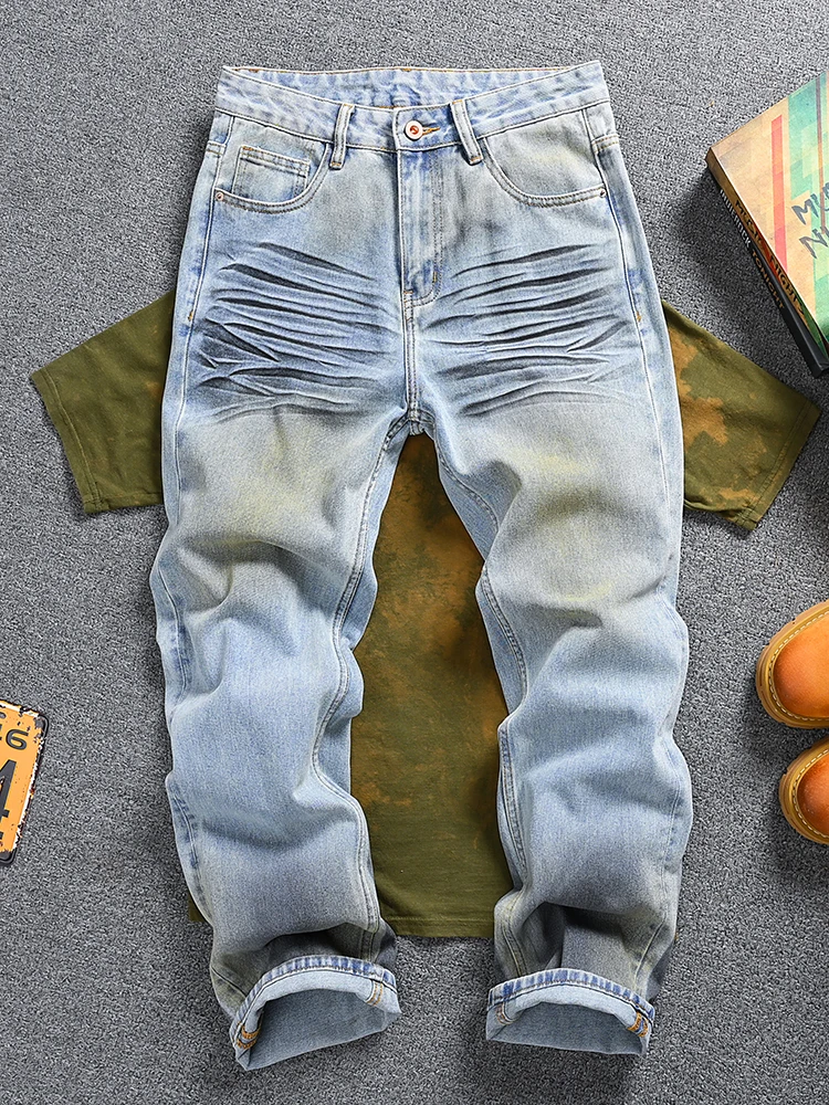 

Мужские джинсы свободного кроя в американском стиле ретро с прямыми штанинами и волнистым дизайном, летние повседневные модные городские джинсы с красками и пятнами