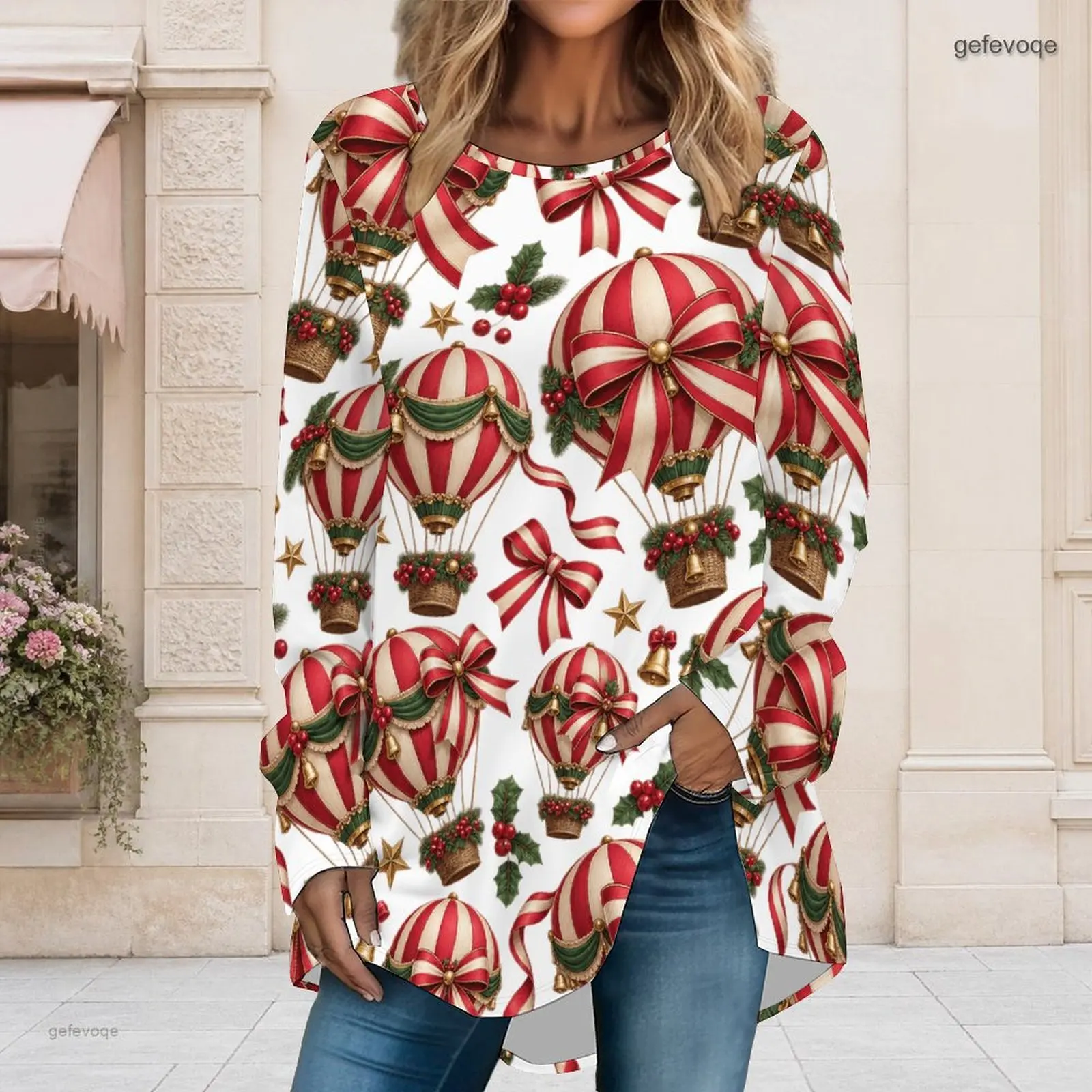 Women Round Neck Long Sleeve Loose Top, Printed Festive Hot Air Balloon Bow Holly Berry High Low Hem Tunic