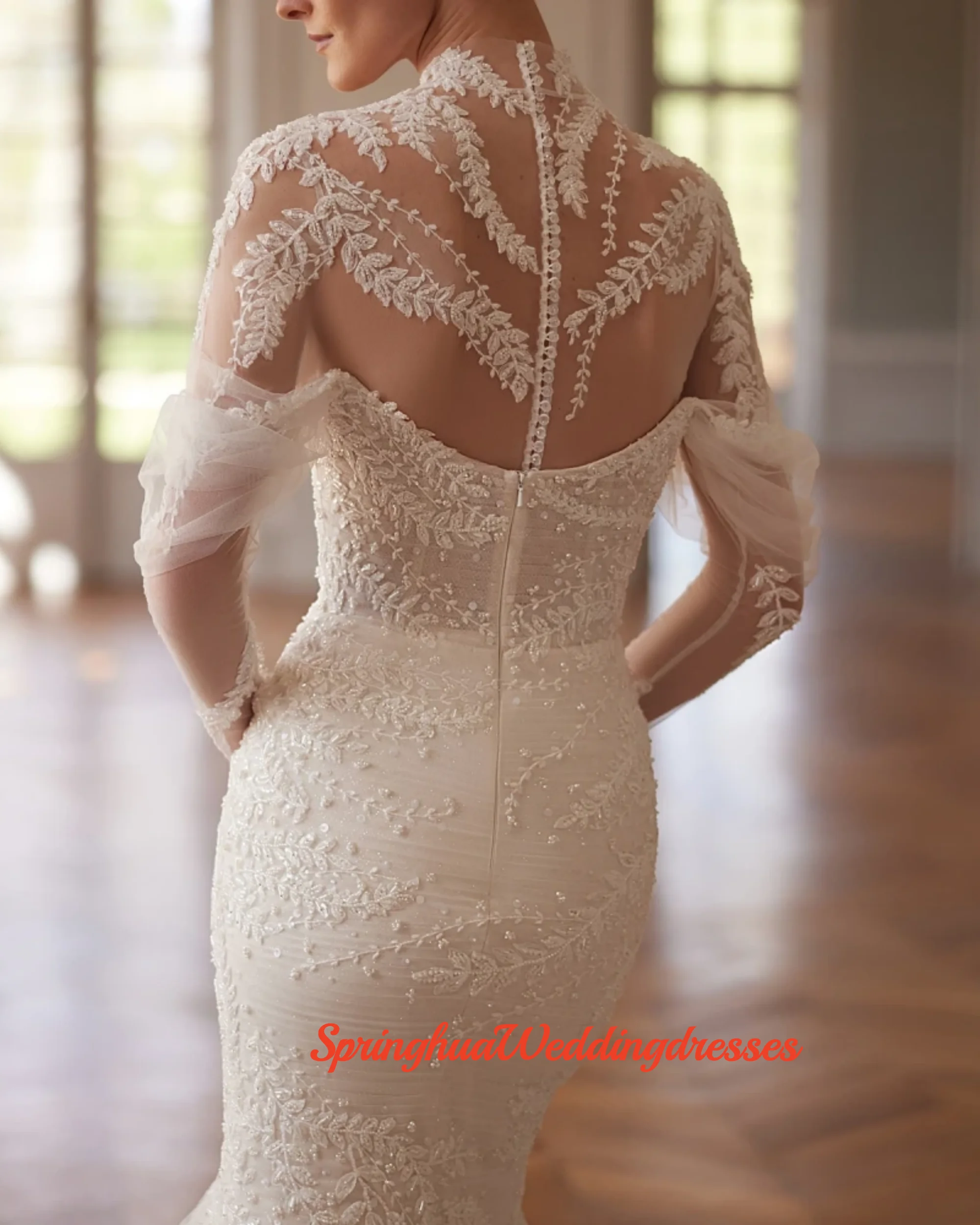 Vestido de novia largo de sirena con cuentas brillantes personalizado con chaqueta desmontable elegante Apliques de encaje vestidos de novia para novia