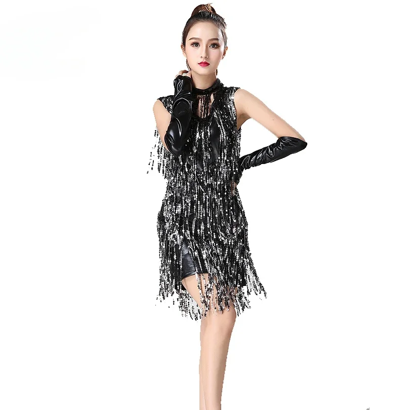 Cheap Women Dance Costumes Girls Salsa Latin Dress with Necklace & Gloves Tassel Sequin cycling ballroom Wholesale High Carbon