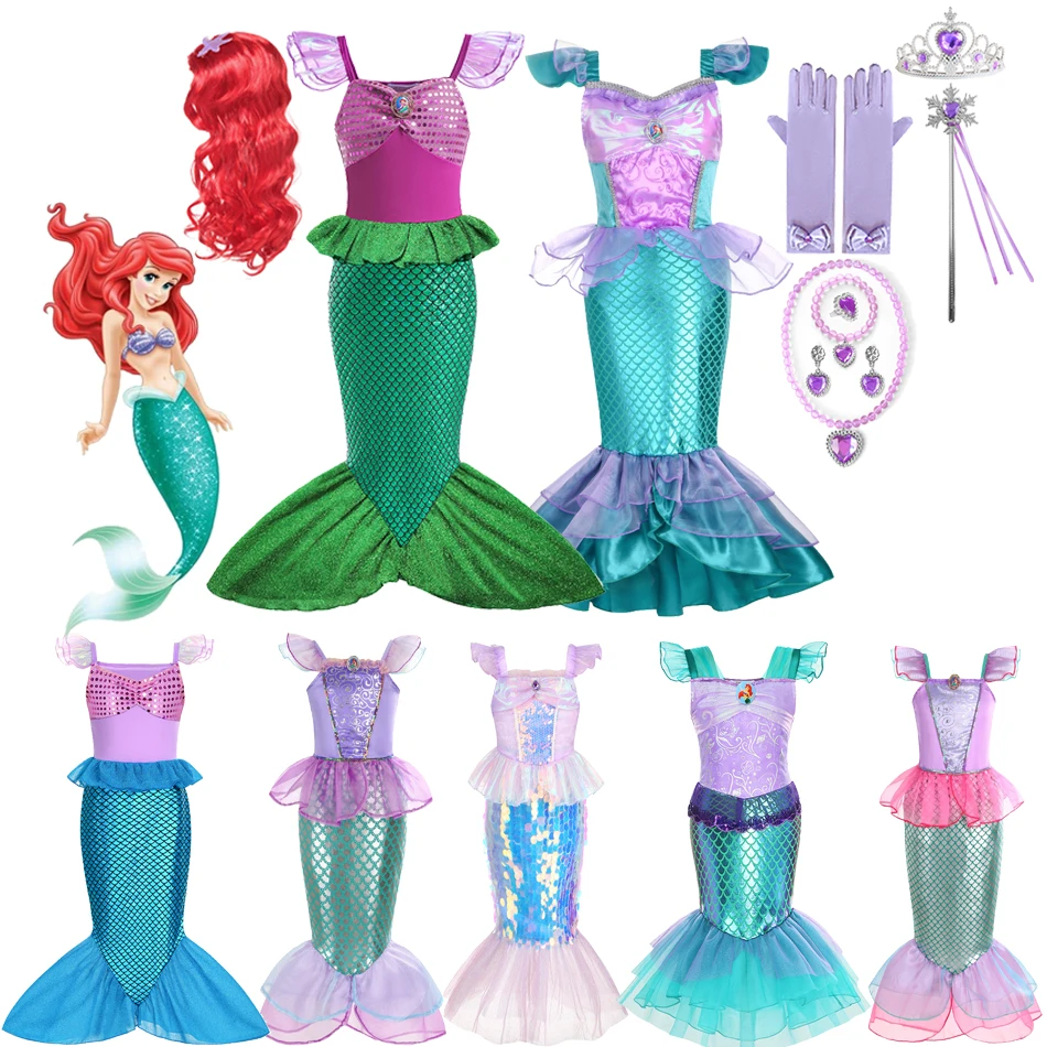 Little Mermaid Ariel Princess Dress For Kids Girls Ruffles Sleeve Cosplay Costume Children Carnival Birthday Party Gown Clothes