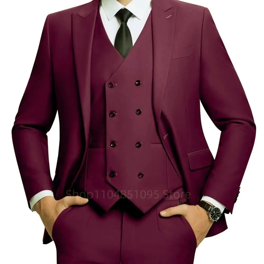 Фиолетовые костюмы для мужчин, приталенные свадебные костюмы для жениха, смокинг, лучший мужской пиджак, жилет, брюки, модный модный свадебный костюм из 3 предметов