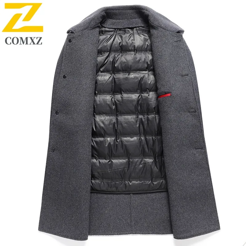 COMXZ Men Long Sleeve Windbreaker Thicken Business Casual MidLength duck down Coat Outdoor Tactic Fleece Lining Sportwear 2025