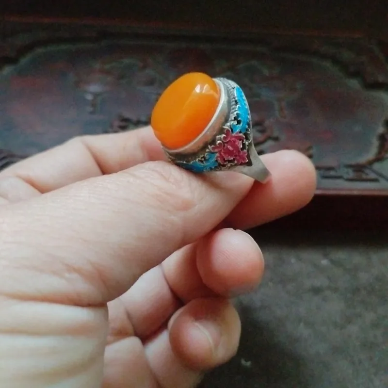 Retro Enamel Flower Embossed Metal Ring Round Simulated Orange Inlay Vintage Oriental Mens Daily Finger Jewelry