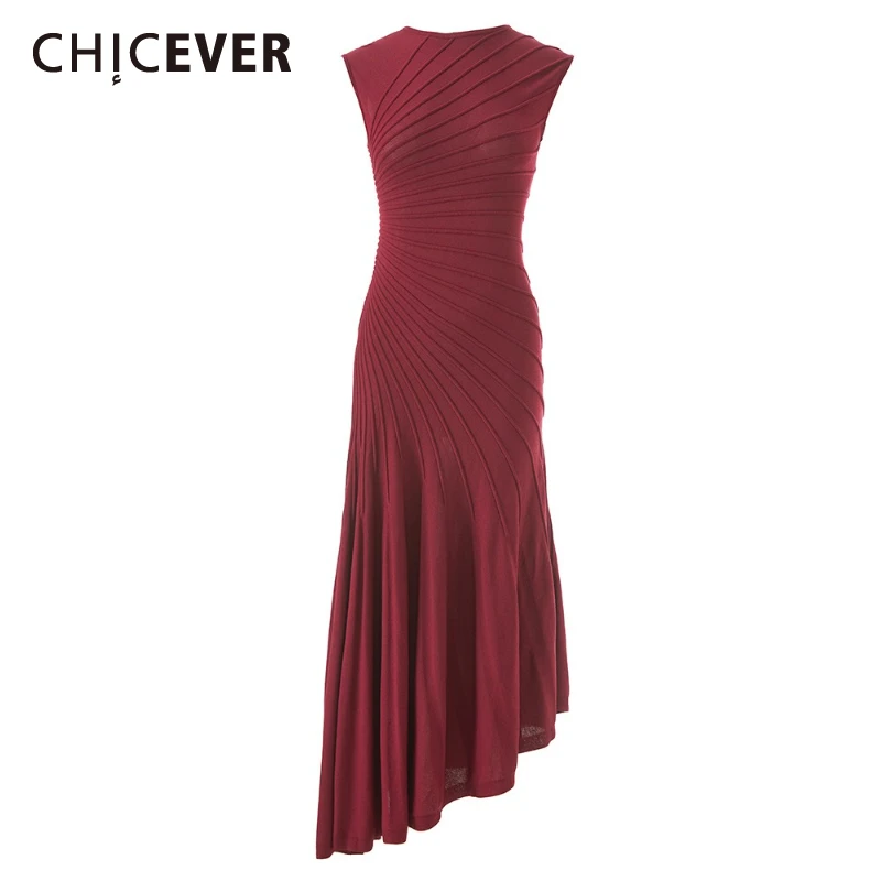 CHICEVER-vestido liso con pliegues empalmados para mujer, cuello redondo, sin mangas, adelgazante, elegante, intelectual, estilo de moda de verano