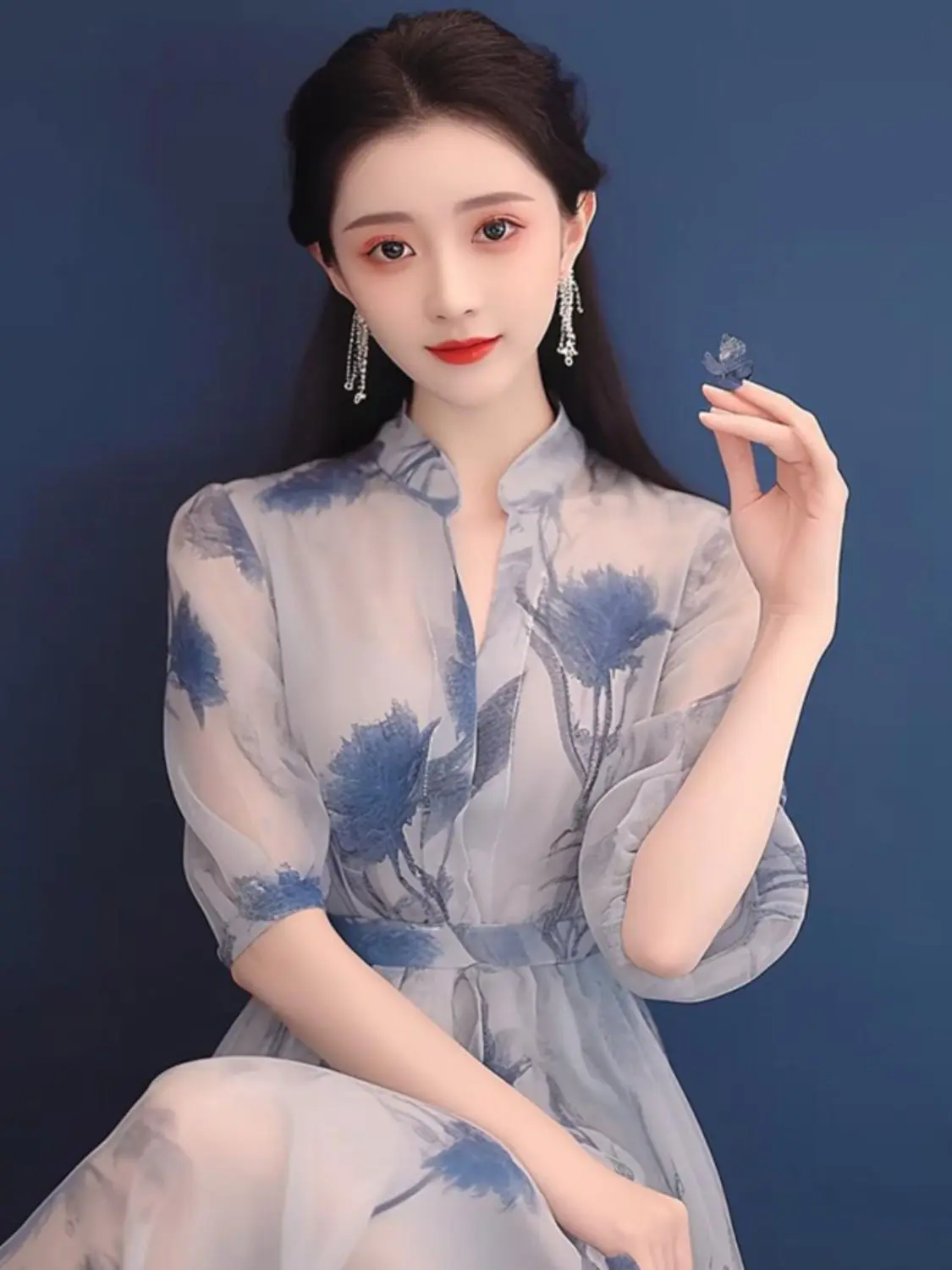 

Slim and Chic Temperament Blue Printed Dress for Women in Summer