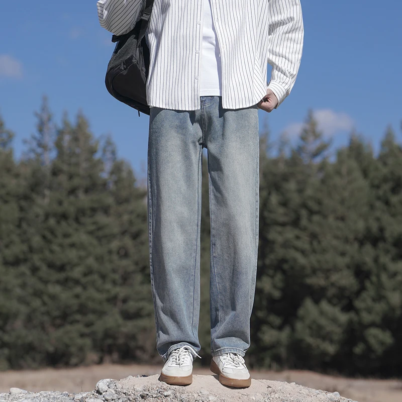 Spring Autumn New Fashion Korean Loose Straight Jeans Men Baggy Pants Elastic Waist Wide Leg Casual Pants Men\'s Clothes 5 Colors