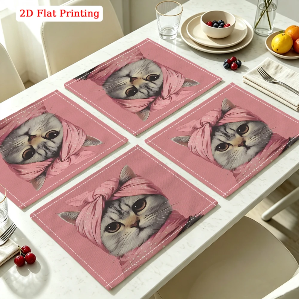2Pcs Cute Cat Headscarf Placemat Pink 2D Flat Printing Table Mat Kitchen Dining Decor Non Slip Heat Resistant 30X40Cm