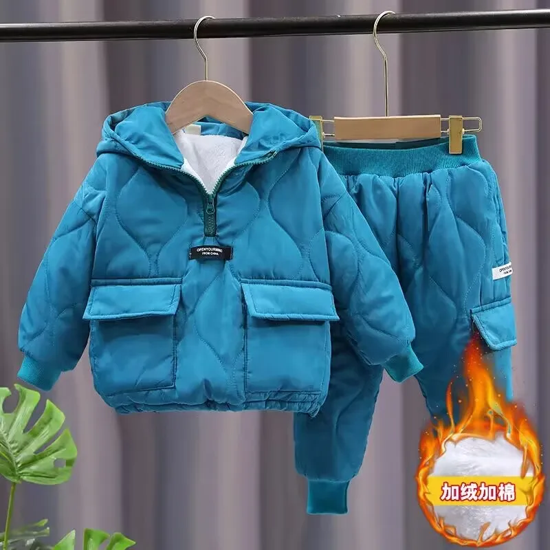 Boys and Girls Clothing Suit Winter Children\'s Velvet and Thickened Warm Set Baby Hooded Jacket Pants 2-piece Set