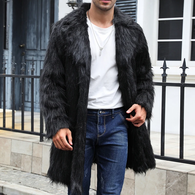 

Men s Faux Fur Hooded Parka Winter Warm Long Sleeve Solid Color Print Long Jacket Open Front Overcoat with Pockets