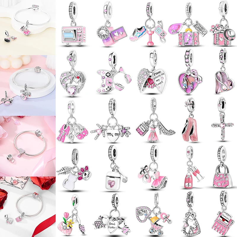 

Charms Plata De Ley 925 Pink Color Series Charms Pink Heart Earphones Bead of Original Fits Women Anniversary DIY Jewelry Charms