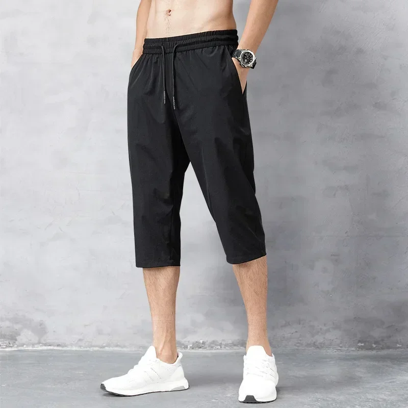 Pantalones cortos de verano para hombre, Bermudas de nailon fino de 2024 de longitud, secado rápido, color negro, 3/4