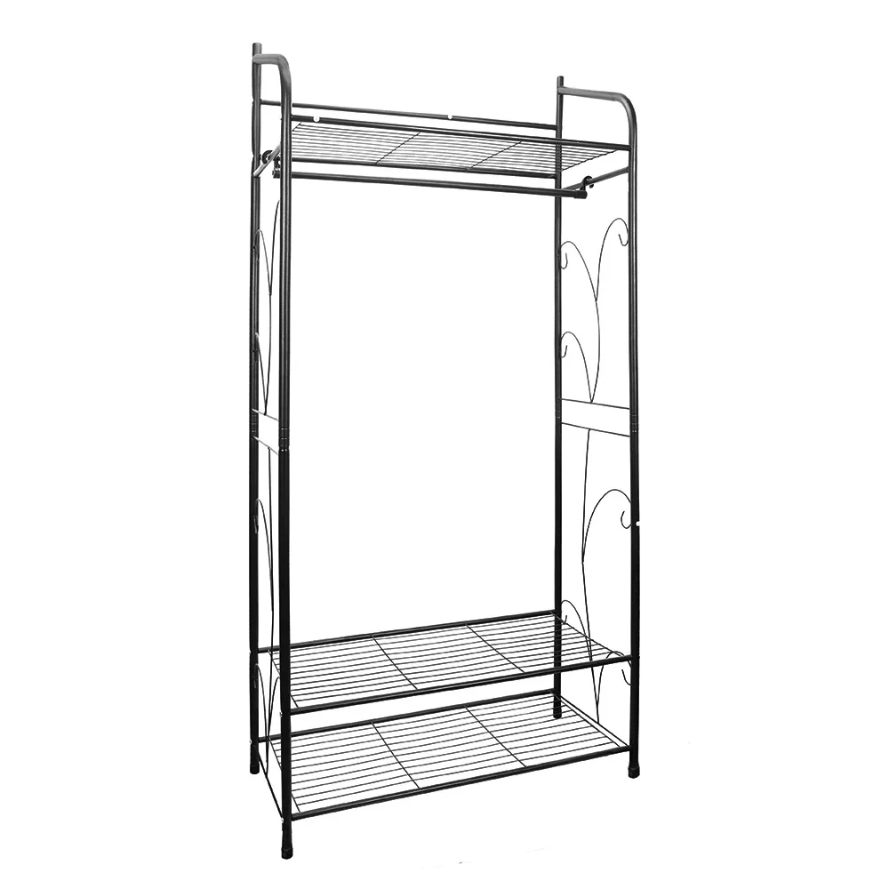 

Heavy Duty Clothes Rail Clothes Rack Black Metal Garment Stand for Bedroom with Storage Shelves 2 Shelf Shoe Rack