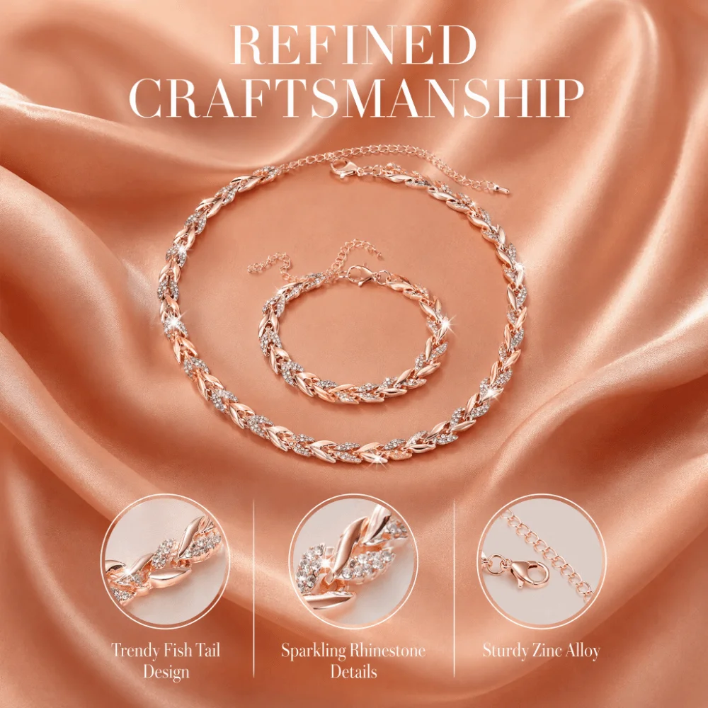 Zinc Alloy Bracelet Necklace Set Luxury Elegant Women Jewelry Set Willow Leaf Shaped Rhinestone Inlaid Chain Fish Tail Necklace