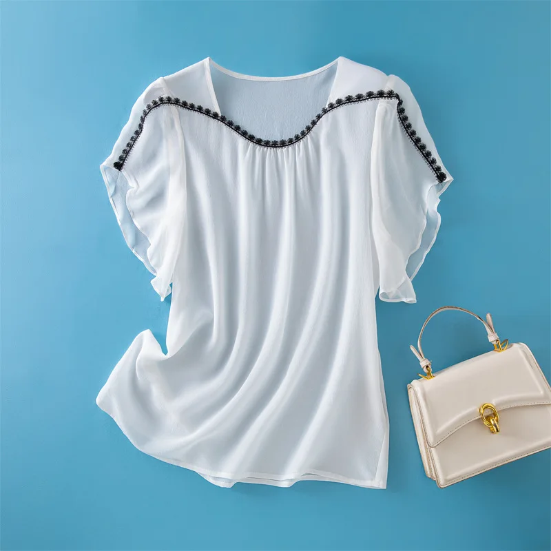 Winsleter- 100% Silk Elegant T-shirt, Woman Flare Sleeve O Neck Patchwork, Fashion Loose Sunshade Top, 2025 Autumn New T58031CC