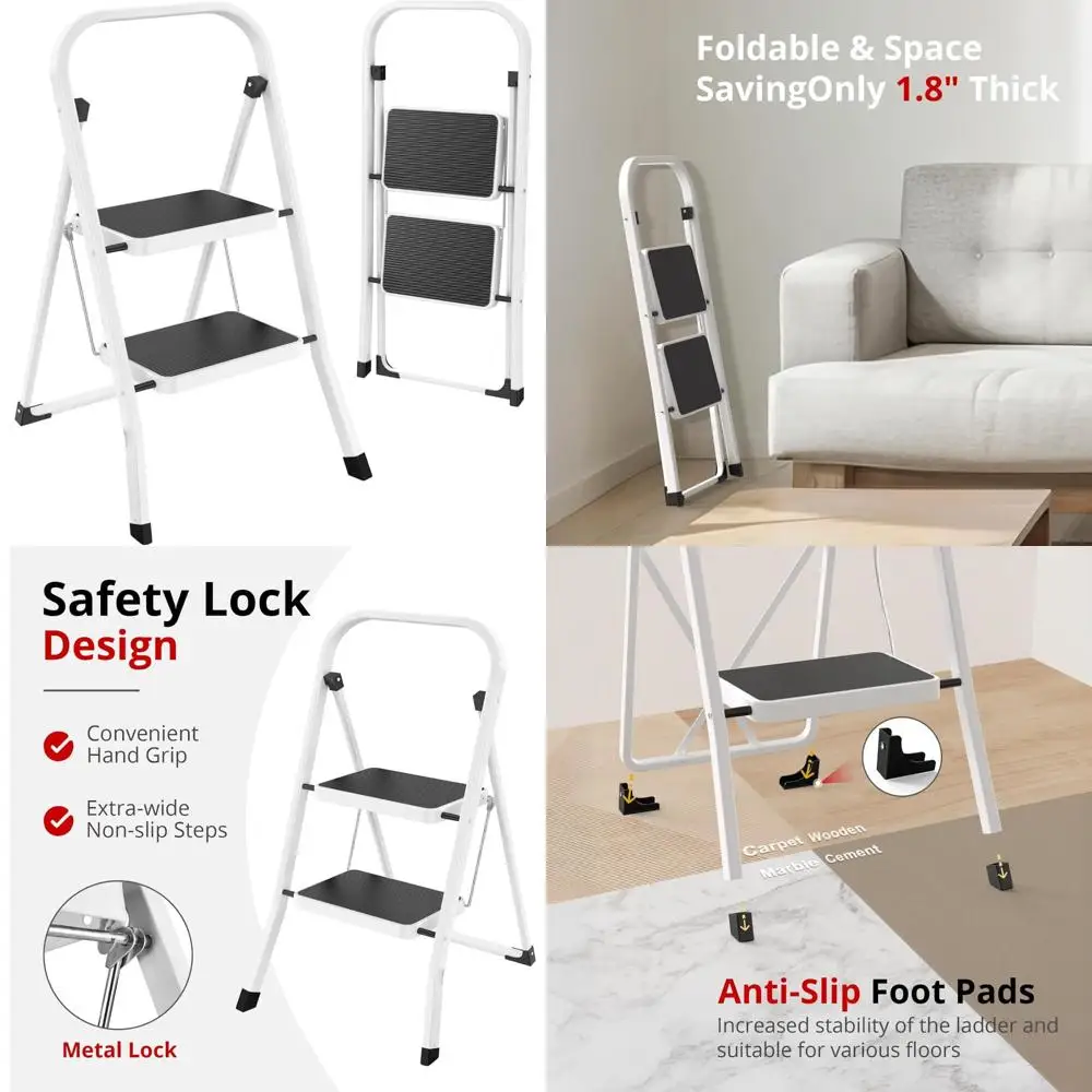 مقعد قابل للطي مع مع مشابك مضادة للانزلاق، سعة تحميل 330 رطلاً، مثالي للمطبخ والمنزل، أبيض