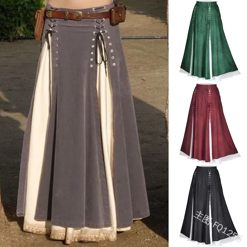 2019 New Woman Medieval Elegant Skirt Solid Hight Waist Middle Ages Renaissance Costumes Vintage Swing Pleated Skirts