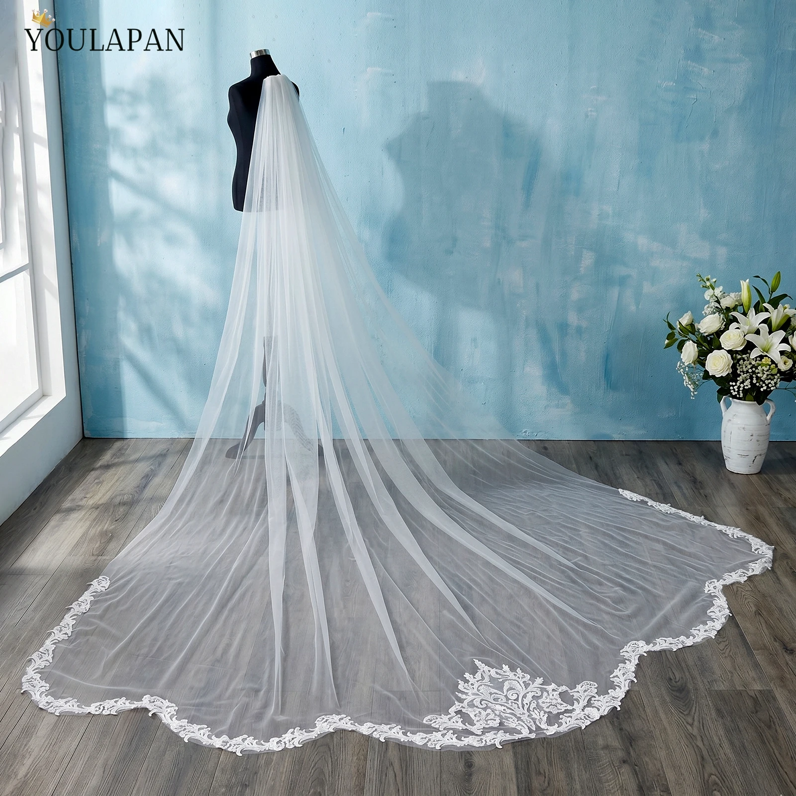 TOPQUEEN Lace Veil Voile De MariéE Long Accessoires Mariage Luxe Wedding Veil 3.5 Meters Spanish Lace Blanket Bridal Veils V75