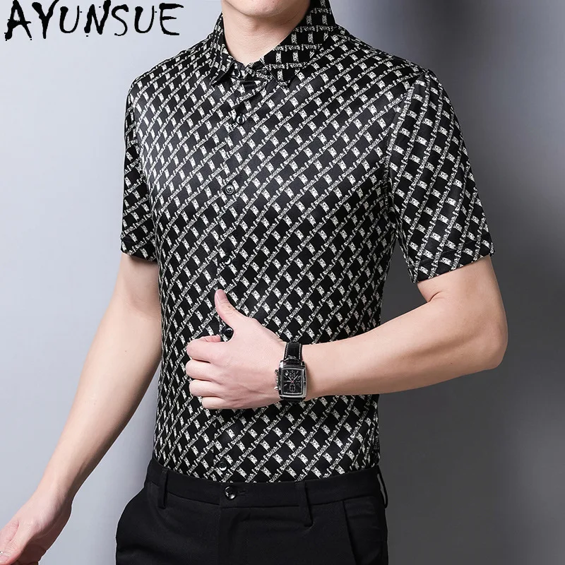 AYUNSUE Real Silk Shirts for Man Clothing Quality 92.4% Mulberry Silk Short Sleeve Shirt Fashion Summer Floral Mens Shirts Tops