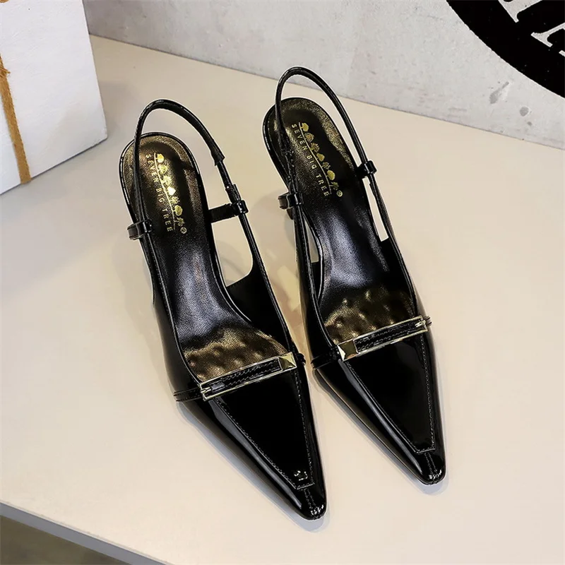 

Pointed Toe Metal Buckle Sandals Strange High Heels Sexy Fashion Women's Dress Shoes Black Solid Banquet Party High heels 8CM
