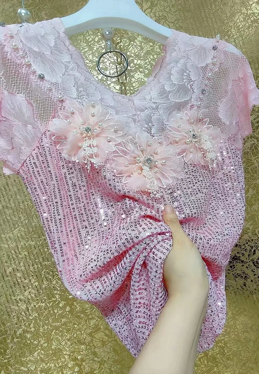 Luxury Beaded Tassels Stitch Pink Lace Sequined T Shirts For Women 2024 Summer Short Sleeve Tops Tees Tshirts Woman Clothing