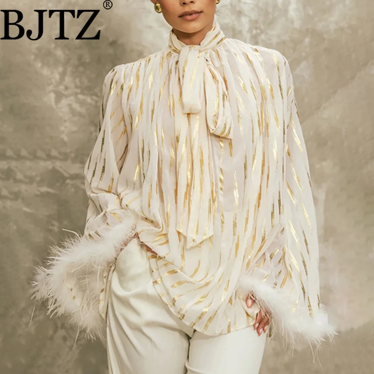 

BJTZ женская 2026, уличная цветная блузка с перьями, воротник-стойка, длинный рукав, нашивка, галстук, рубашка, весенне-осенняя мода